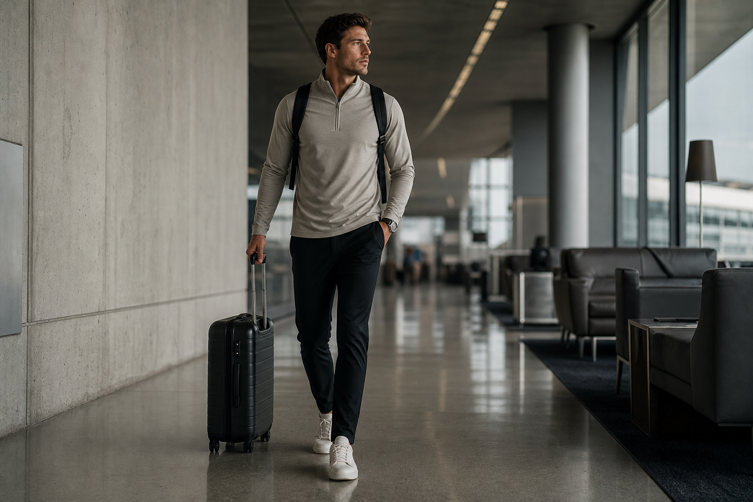 Model walking through a premium travel environment in Hunted travel apparel