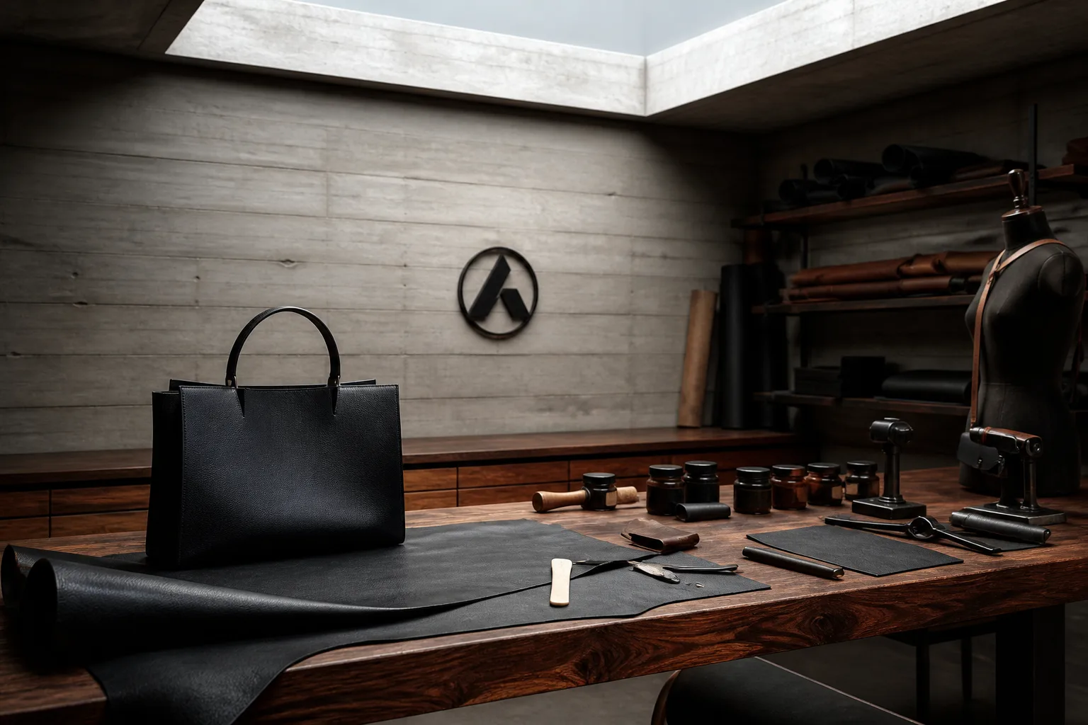 The Carlsbad atelier workbench under a skylight