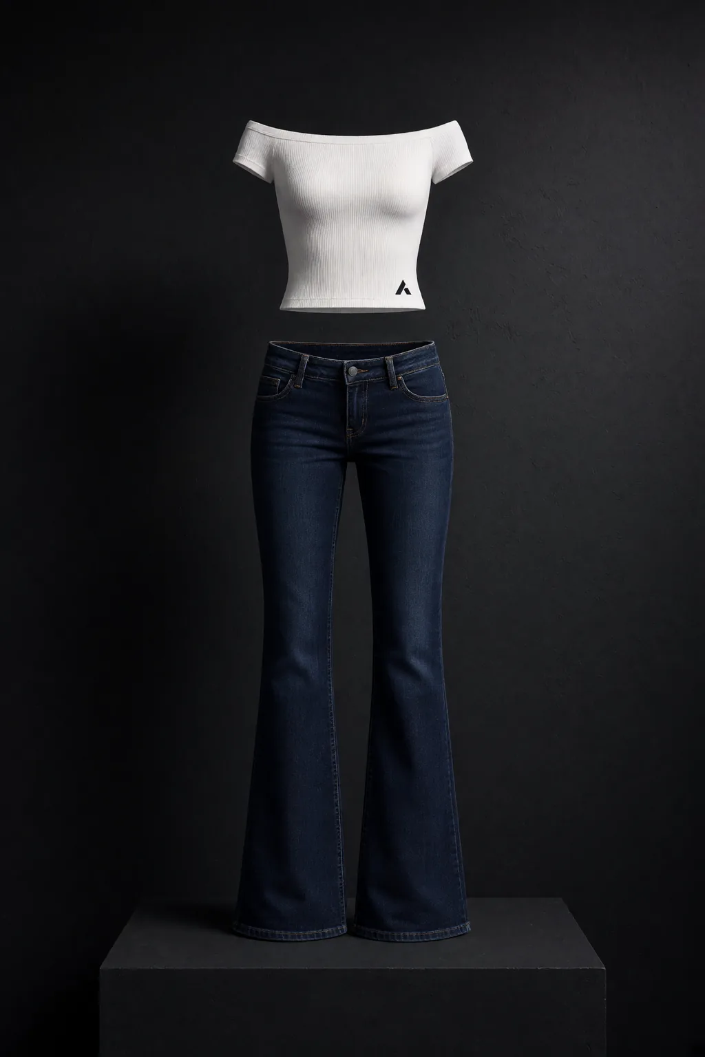 Aperture, Supported off-shoulder micro crop with ultra-low-rise dark-indigo bootcut jean
