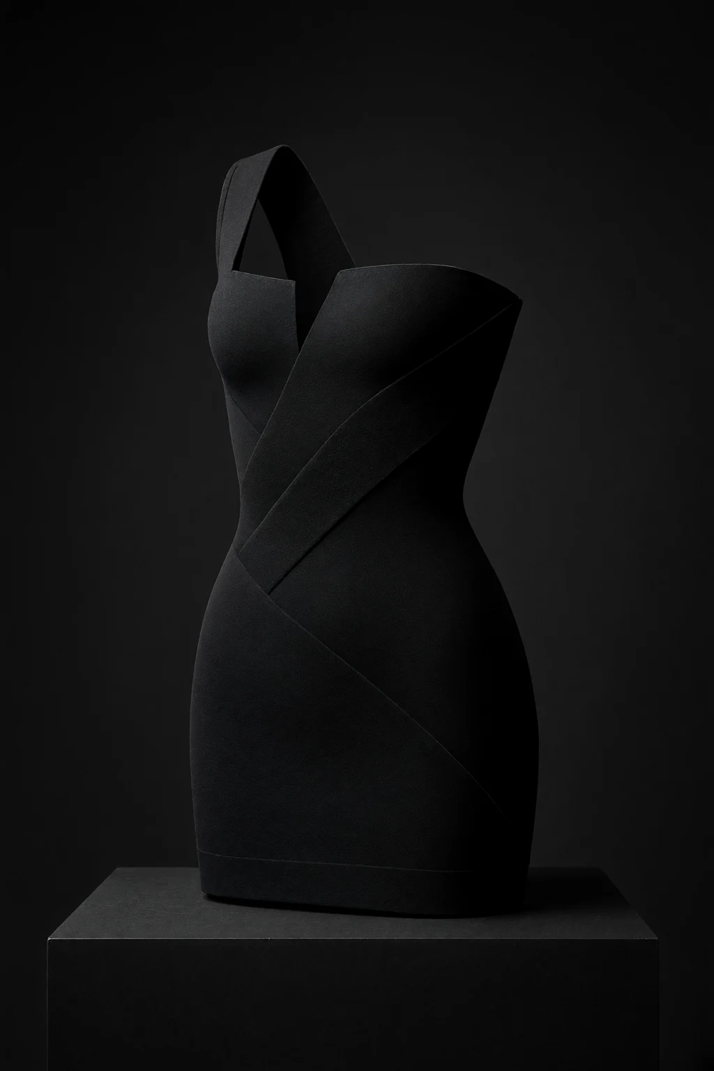 Brace, Asymmetric-shoulder compression mini with a severe square neckline, open back and engineered diagonal bands