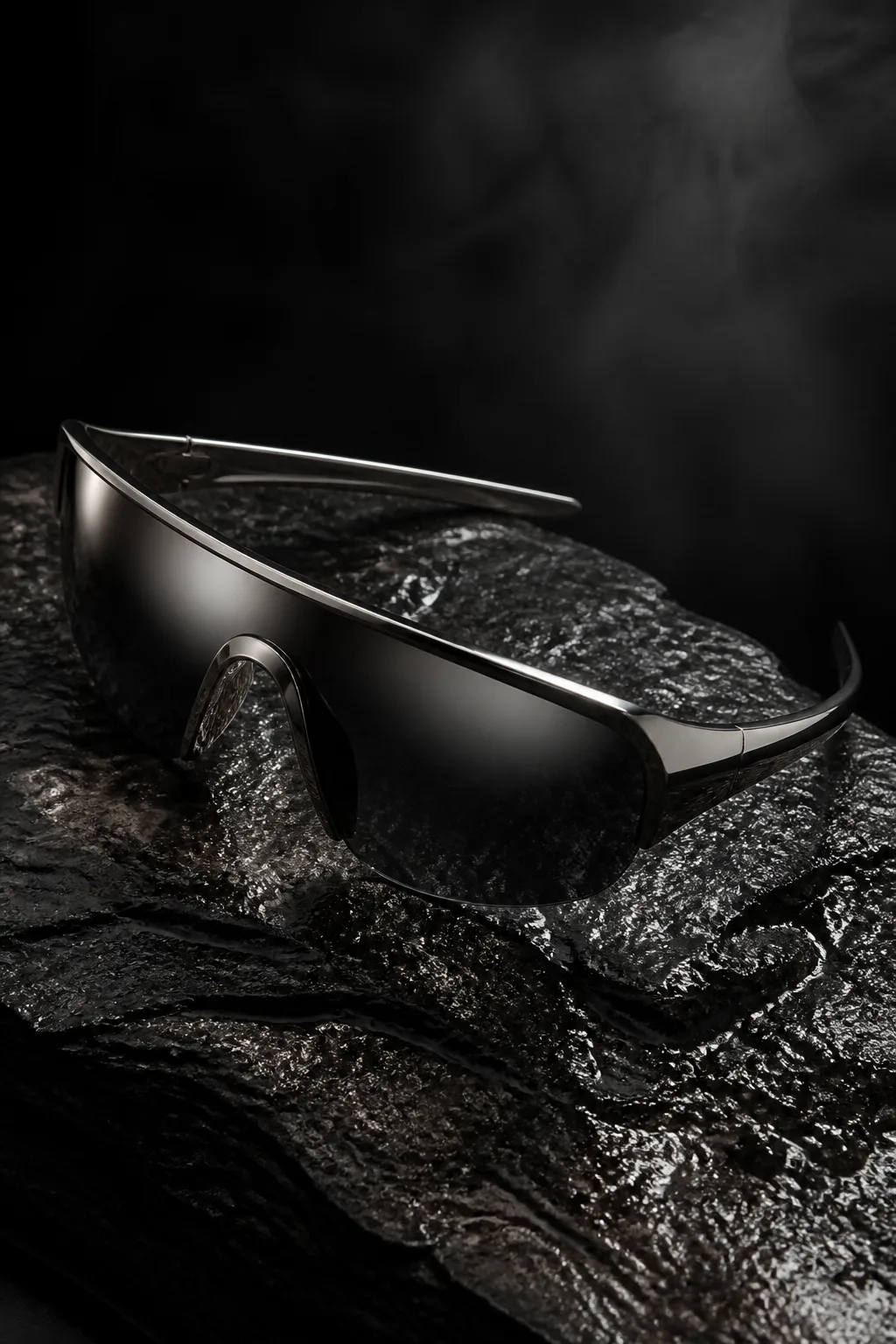 Cornice, Single-piece wrap shield in gunmetal, knife-edge temples