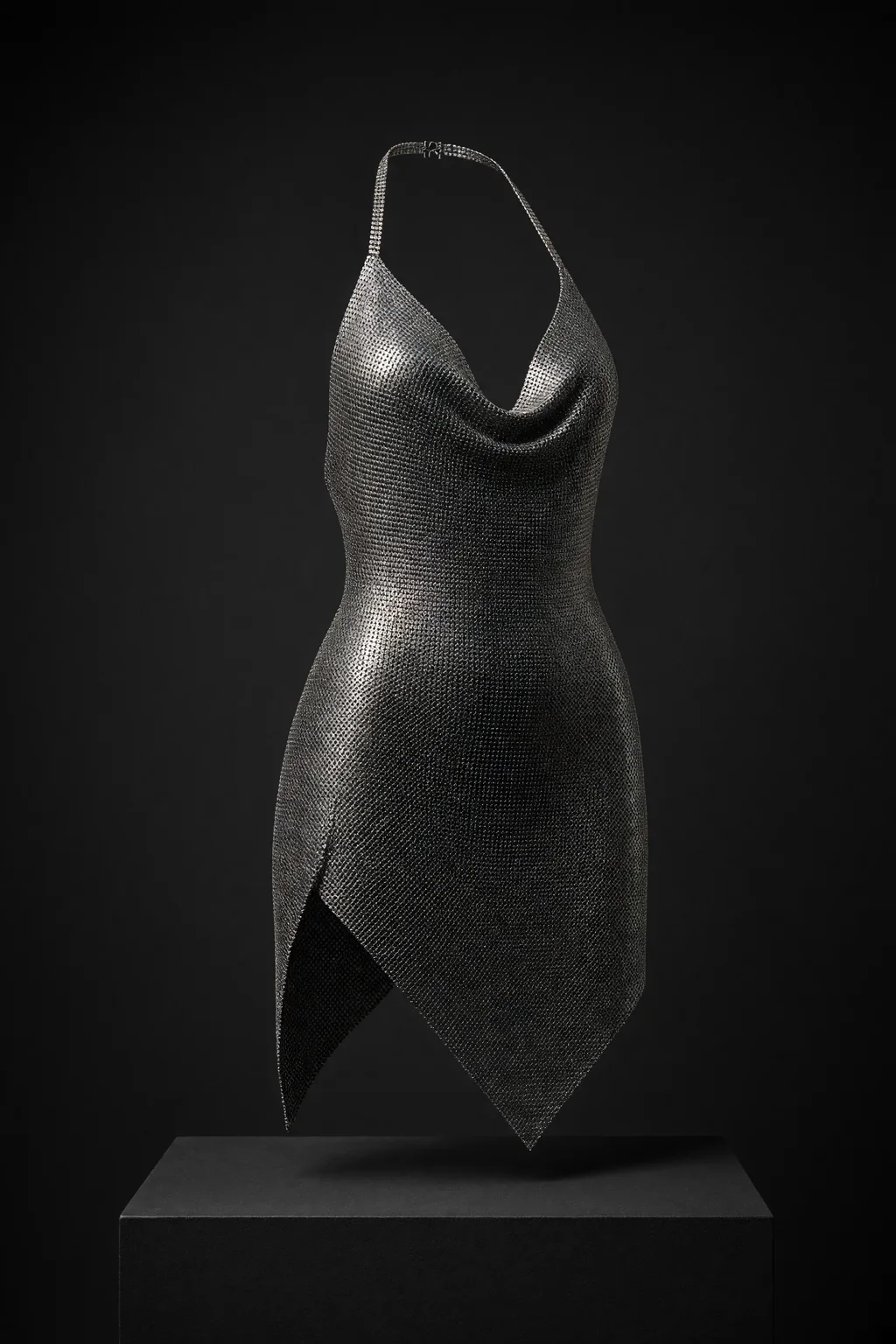 Link, Micro-chain halter mini with a liquid cowl front, completely open back and asymmetric handkerchief hem