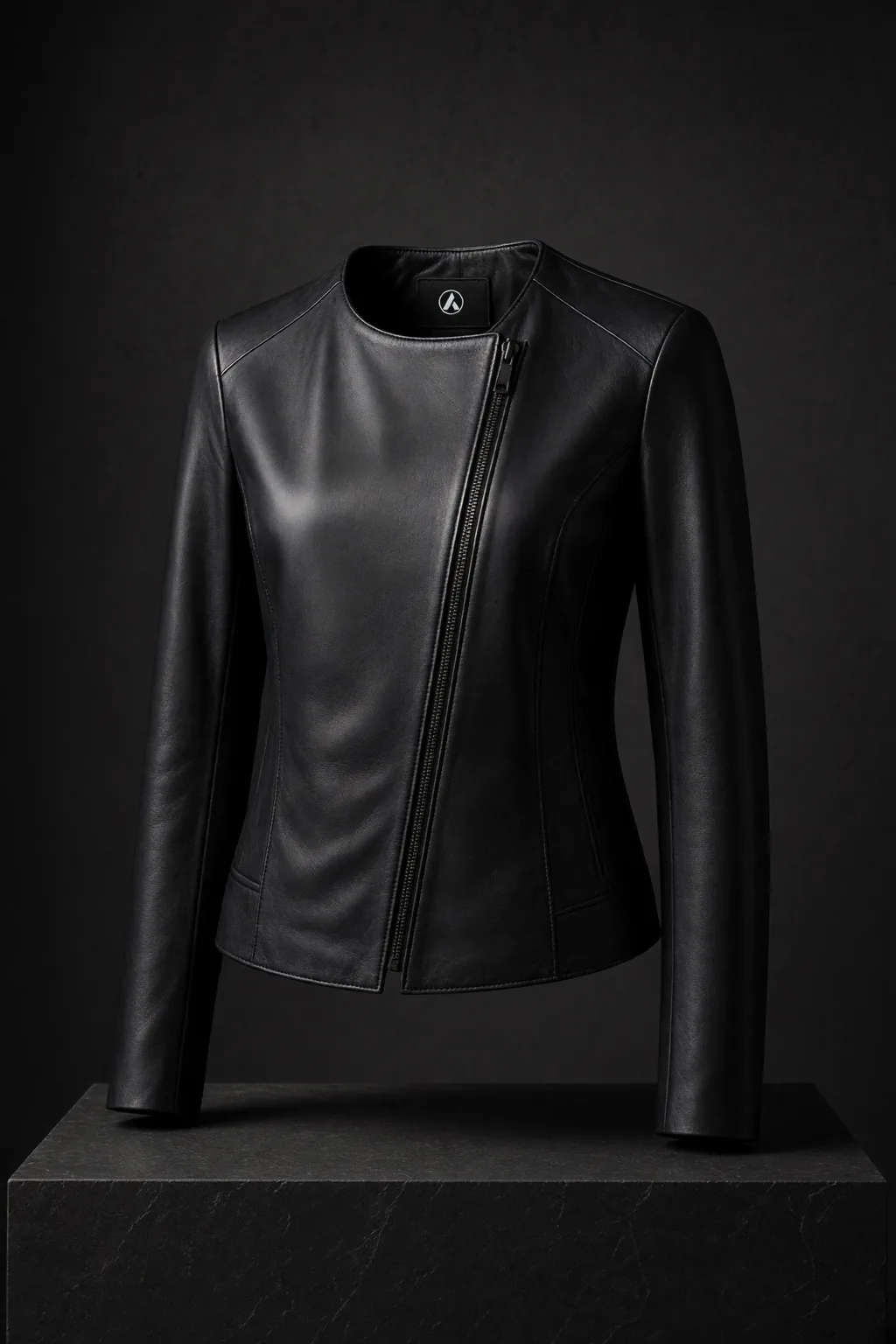 Shell, Cropped collarless biker jacket with sculpted shoulder, asymmetric zip and slim sleeve
