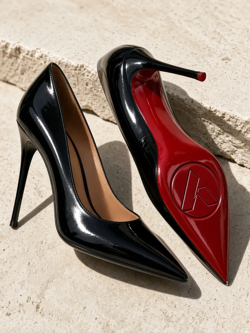 Soffit, Closed pointed-toe stiletto, tall last, lacquered carmine sole