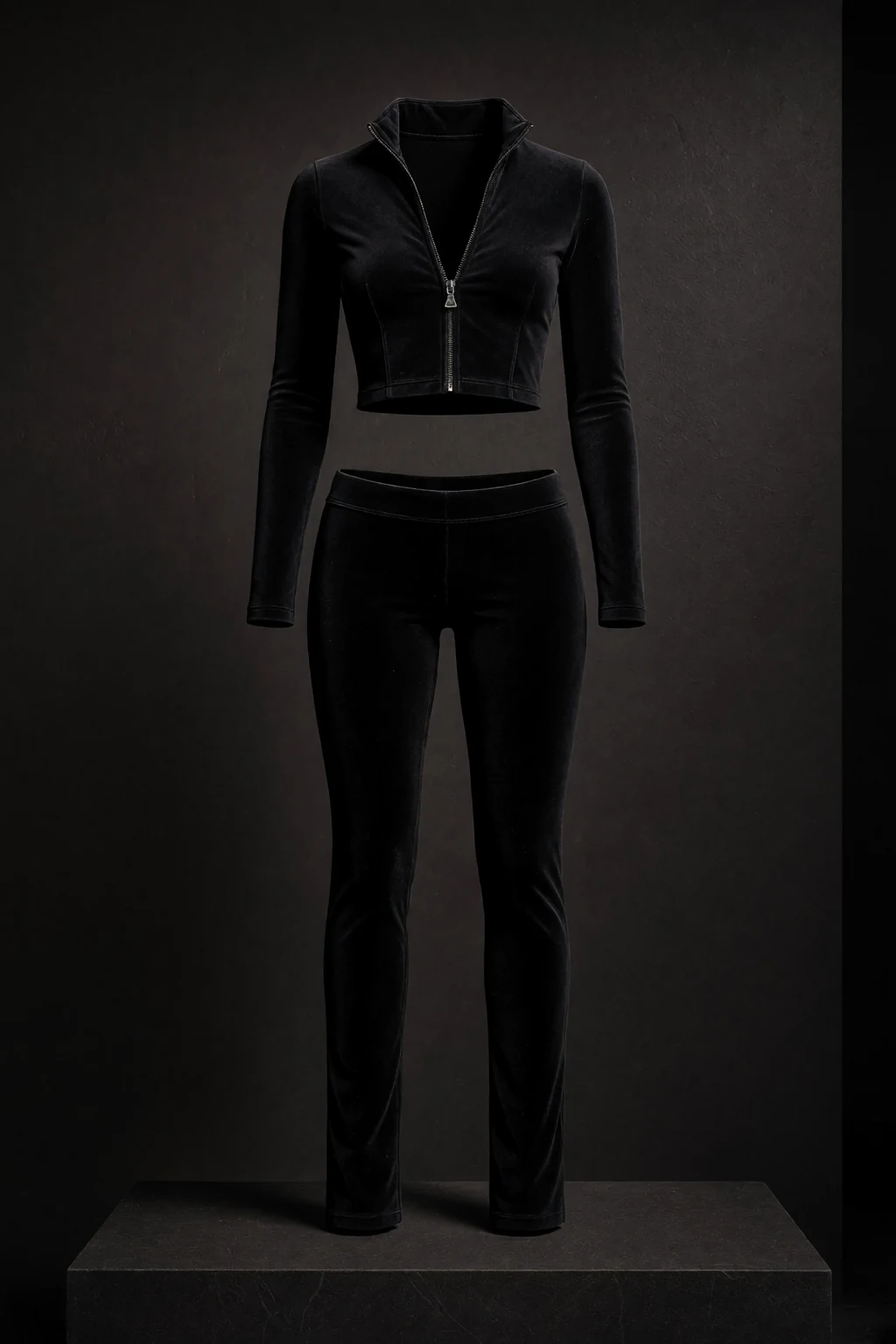 Velocity, Corset-supported cropped zip jacket and very-low-rise, ankle-skinny velour pant